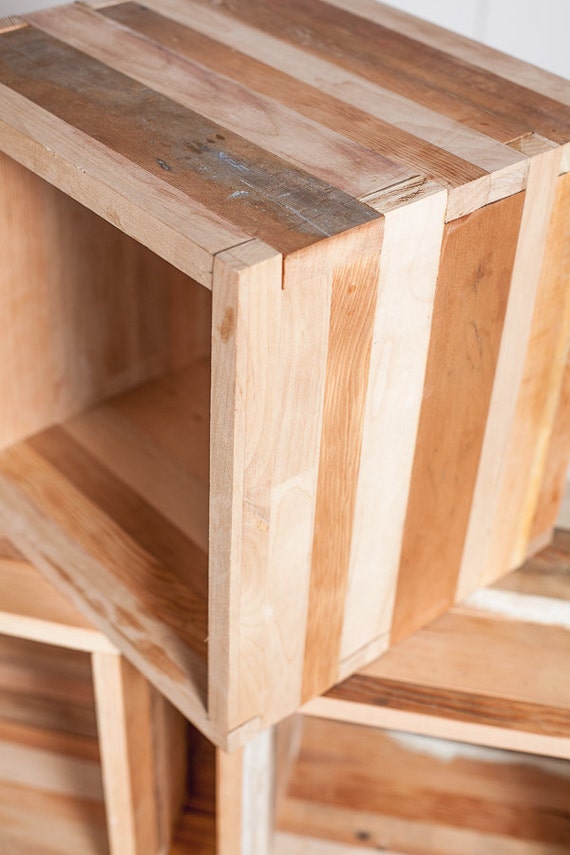 Storage and display cubes reclaimed wood.