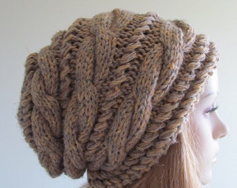 Slouchy Beanie Slouch Hats Braided Oversized Baggy Cable Hat Womens Fall Winter accessory Grey Beige Brown Hand Made Knit