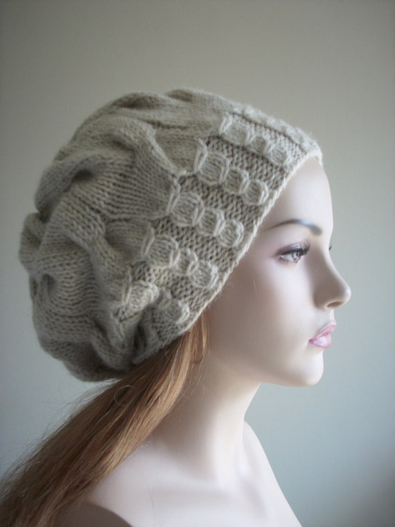 Hand Knit Slouchy Hats Oversize Berets Baggy Beanie Light Grey