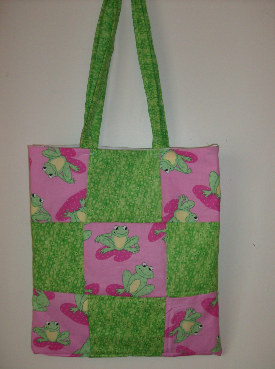Pink and Green Patchwork Frog Tote Bag