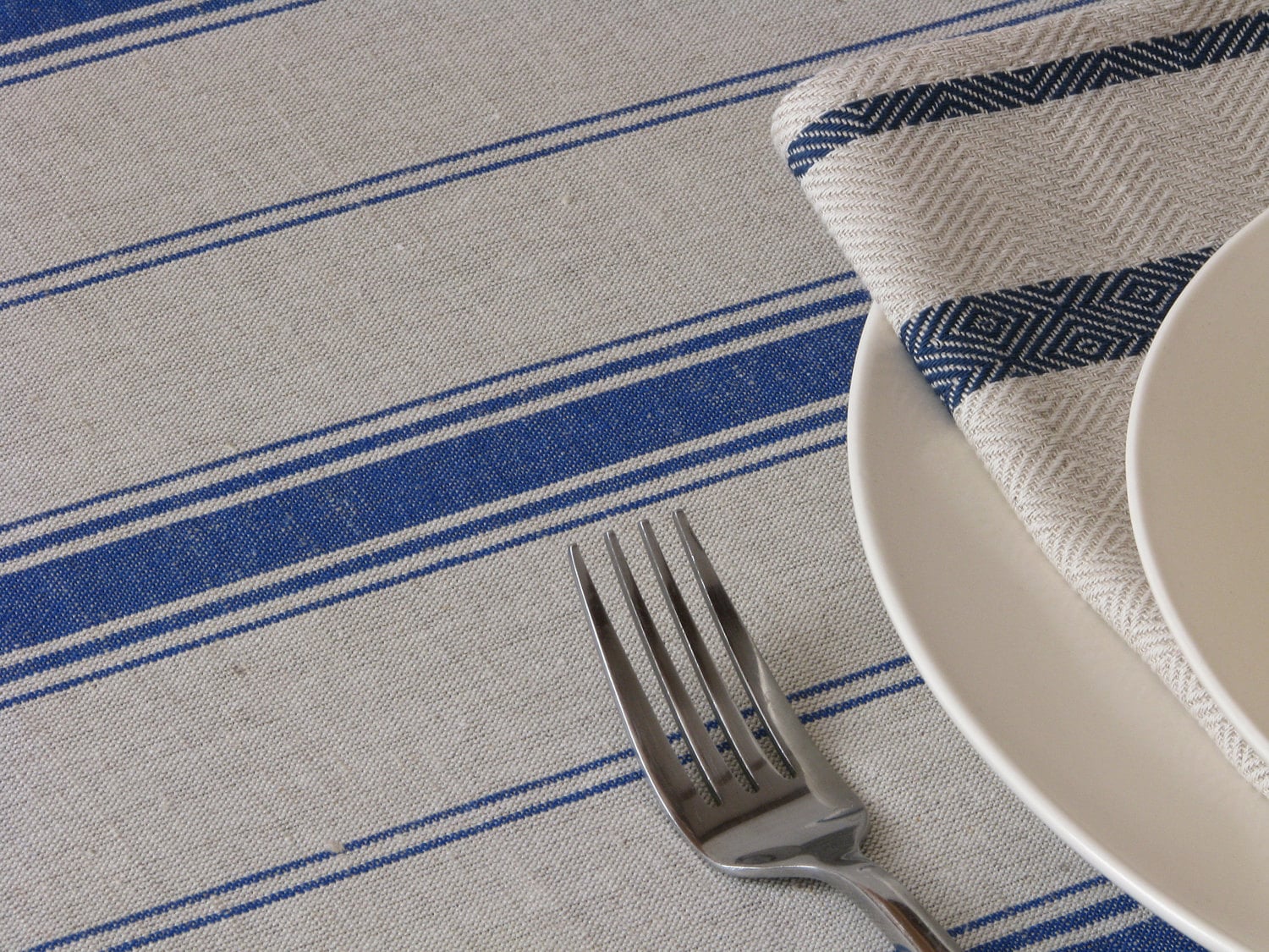 Linen Tablecloth / Striped / Blue Stripes / Country / French