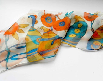 Abstract pomegranates scarf. Hand painted silk scarf in orange, blue , yellow colors. Made to order.