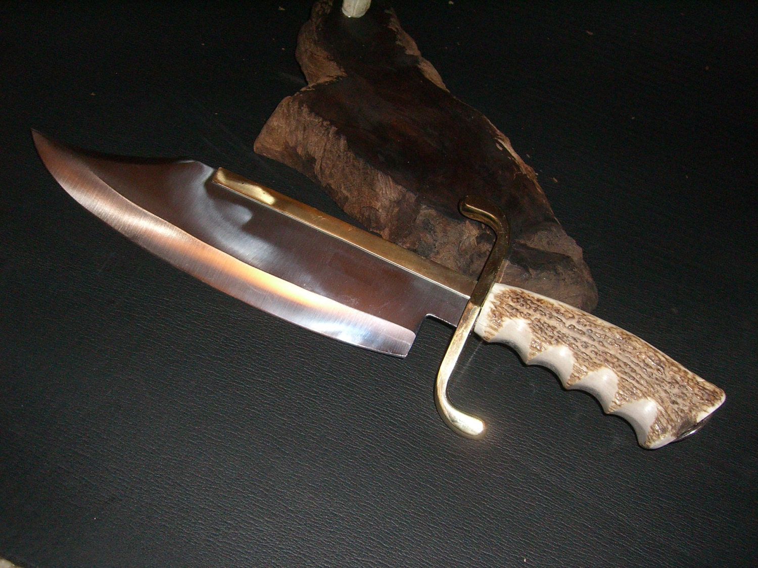 Custom Bowie knife elk stag handle brass S and blade guards