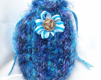 Fuzzy Blue Loom Knit Bag with Flower