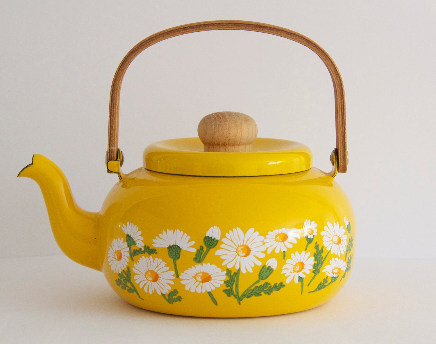 Vintage Enamel Teapot Mustard Yellow Daisies Wooden