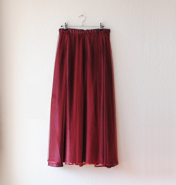 Burgundy Red Maxi Skirt Tulle/Mesh Overlay Medium Oxblood