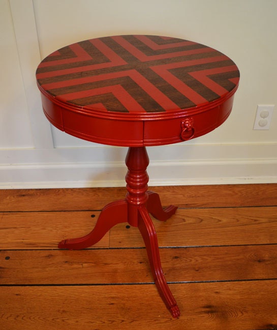 Red Chevron Painted Round Side Table Revived by dwellbeing