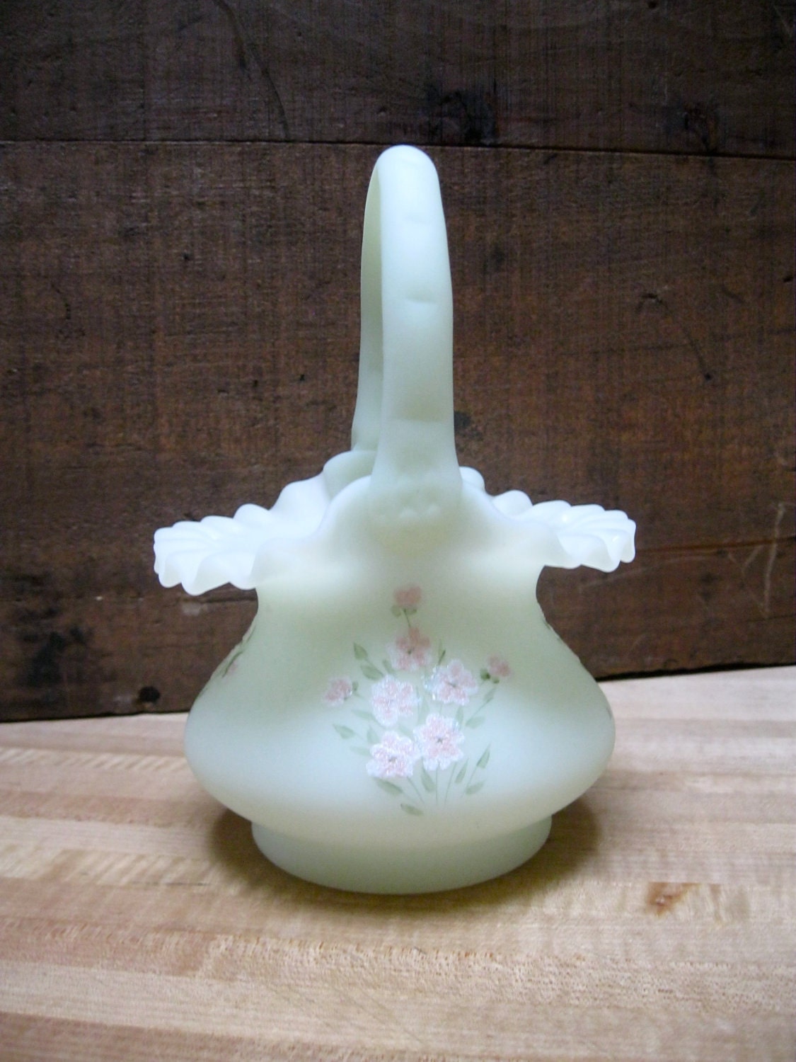 Fenton Custard Satin Green Glass Basket signed by MarjiStevens