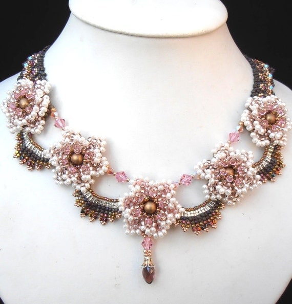 White and pink beaded Rose necklace with earthy crystal weave