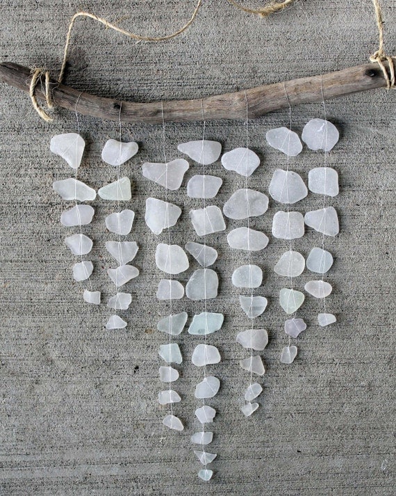 Sea Glass Mobile, White Glass, Driftwood