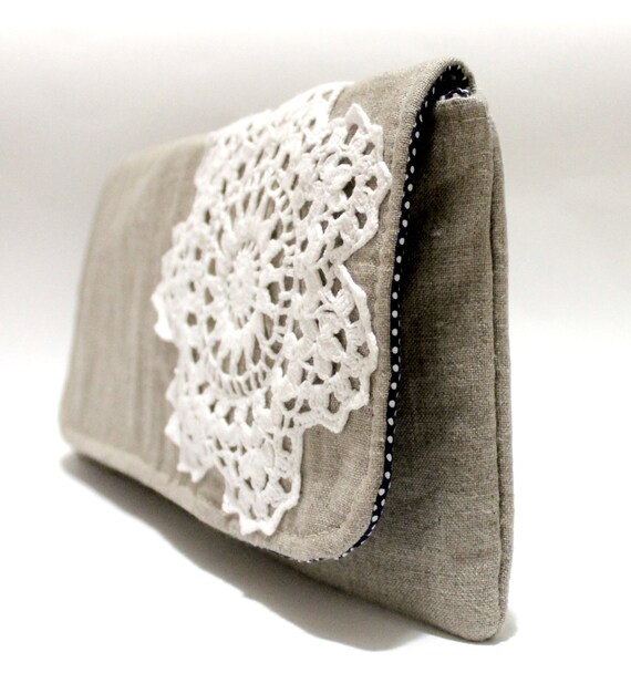 Linen Clutch Purse linen and lace crochet vintage doily