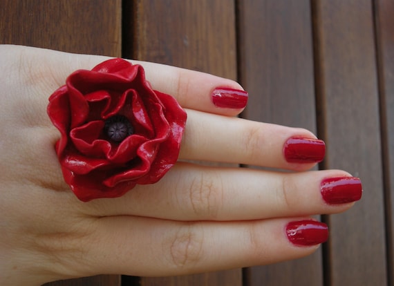 Poppy flower ring from polymer clay vintage red
