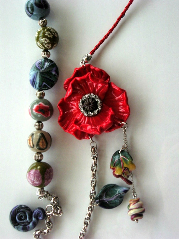 Items similar to Poppy necklace poppy beads with flowers and leafs from