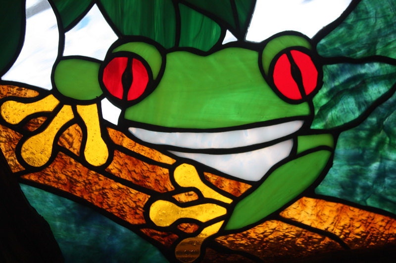 Tree Frog Stained Glass Panel Window Rustic Branch Wood Frame