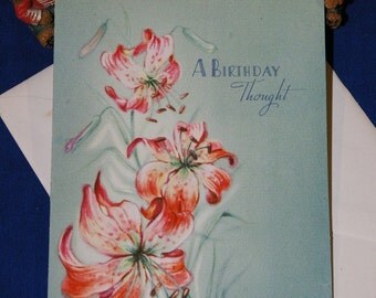 Vintage Happy Birthday Embossed Day Lilies Greeting Card & Envelope 1940s 1950s Unused