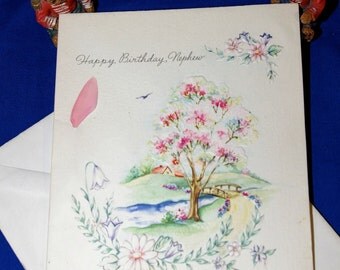 Vintage Happy Birthday Nephew Embossed Greeting Card & Envelope 1940s 1950s Unused