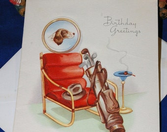 Vintage Happy Birthday Embossed Greeting Card & Envelope Man Fedora Dog Pipe Golf 1940s 1950s Unused