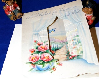 Vintage Happy Birthday Embossed Die Cut Greeting Card & Envelope 1940s 1950s Unused
