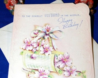 Vintage Happy Birthday Dearest Husband Embossed Greeting Card & Envelope 1940s 1950s Unused