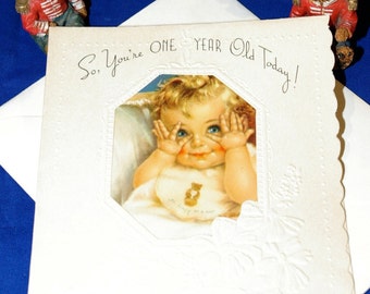 Vintage Happy Birthday One Year Old Embossed Greeting Card & Envelope 1940s 1950s Unused