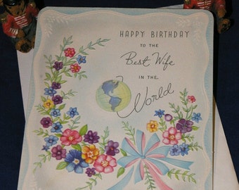 Vintage Happy Birthday Greeting Card Best Wife in the World Embossed with Envelope from the 1940s 1950s Unused