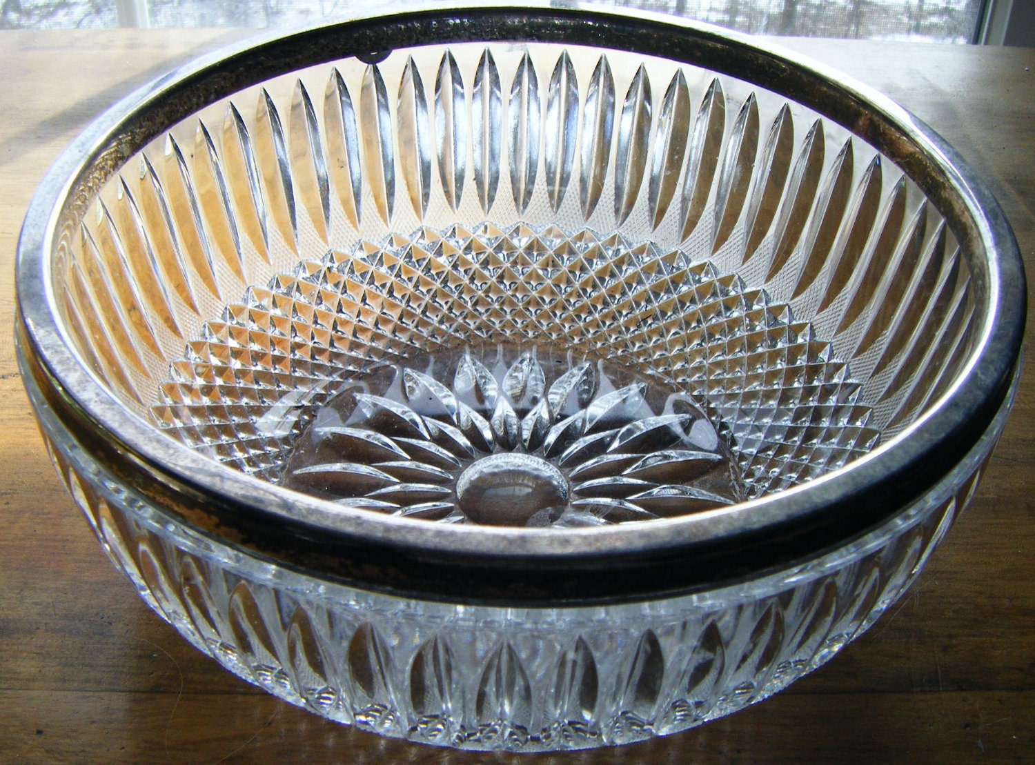 Stunning Sparkling Antique Lead Crystal Serving Bowl With Silver Rim