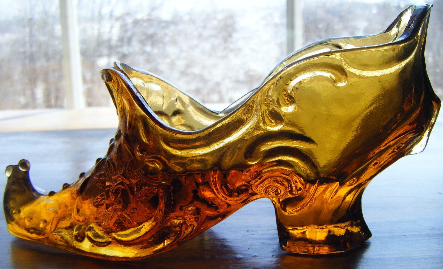 Antique Victorian Amber Glass Shoe with Floral Embellishments