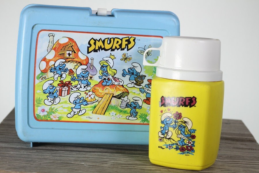 80s blue smurfs lunch box and thermos plastic cartoon 80s blue smurfs lunch box and thermos plastic cartoon