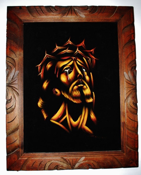 Items similar to Vintage Jesus Black Velvet Painting on Etsy