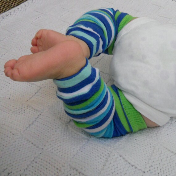 Blue and Green Striped Baby Leg Warmers by TheBaerEssentials