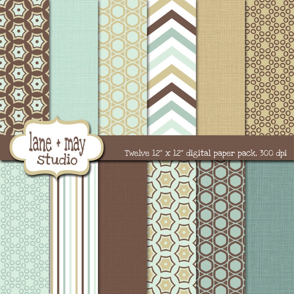 digital scrapbook papers aqua blue brown and tan patterns