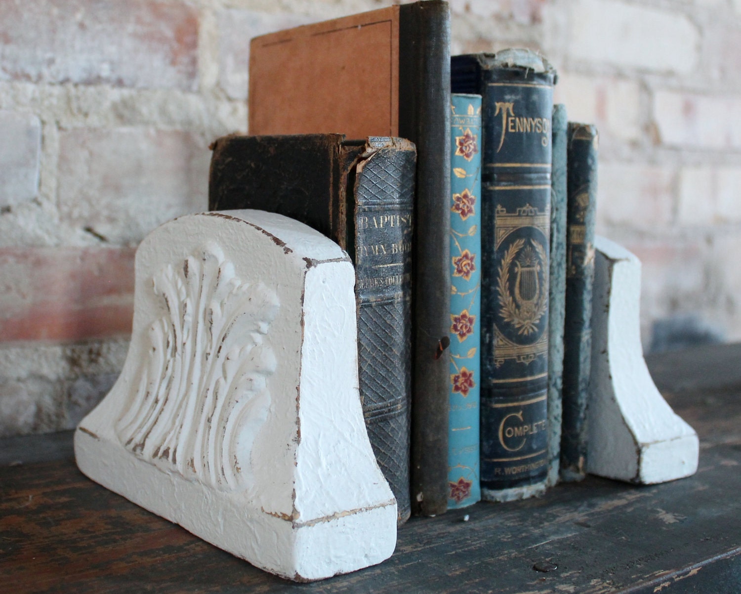 White Antique Book Ends / Shabby Chic / Distressed Wood