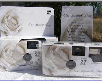 10 Soft White Rose Themed disposable cameras for wedding or party, 35mm color film, 27exp 400 speed, Favors for Candid Photos