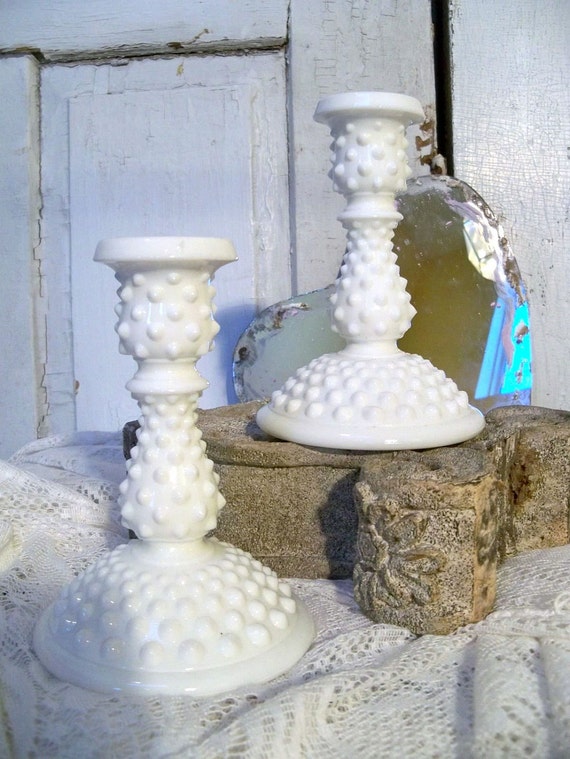 Vintage hobnail candle holders white milk glass collectible