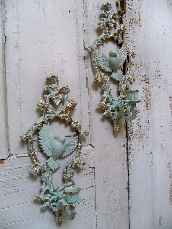 Aqua vintage wall grouping with gold accents shabby chic wall