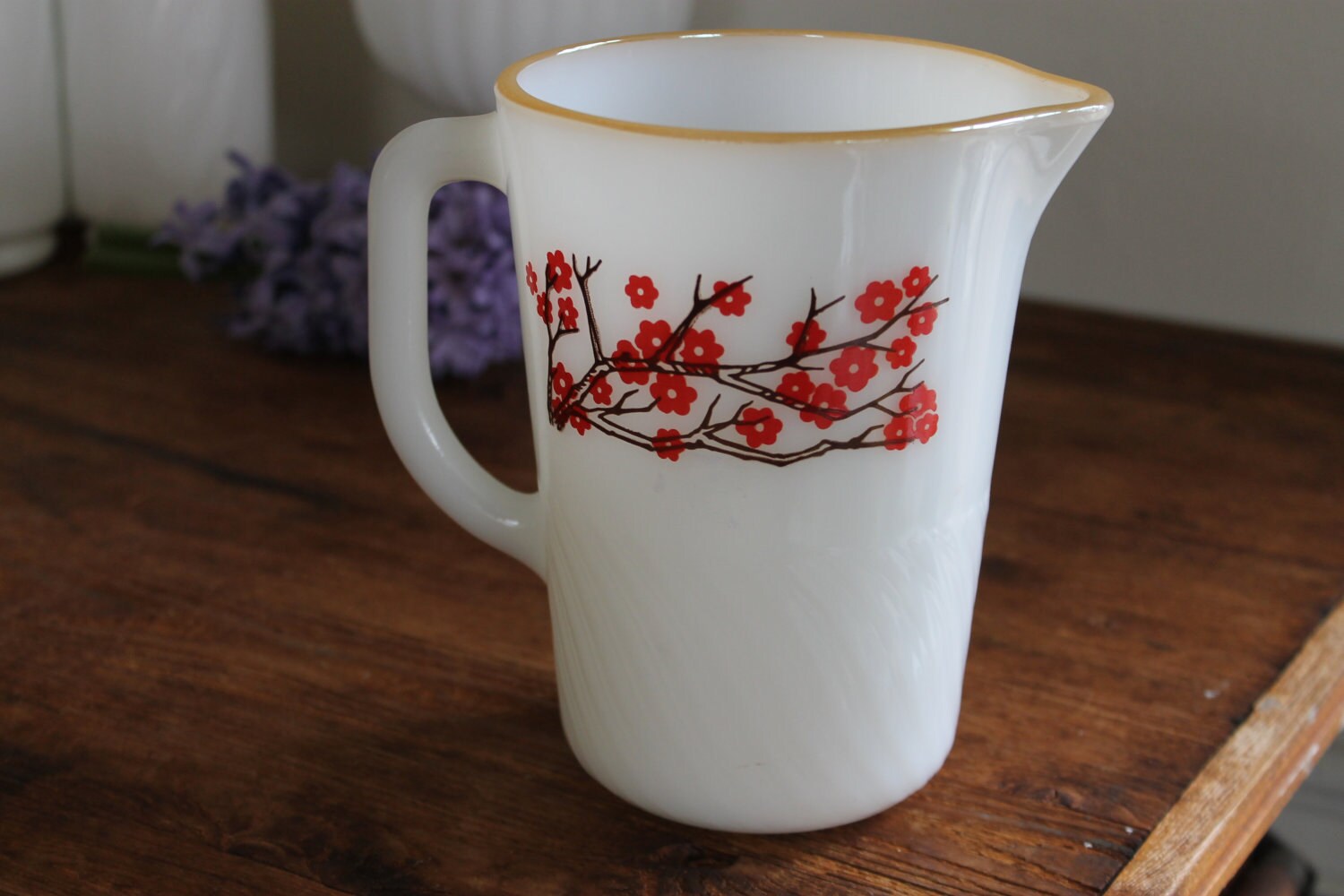 Vintage Milk Glass Pitcher Termocrisa Cherry Blossoms