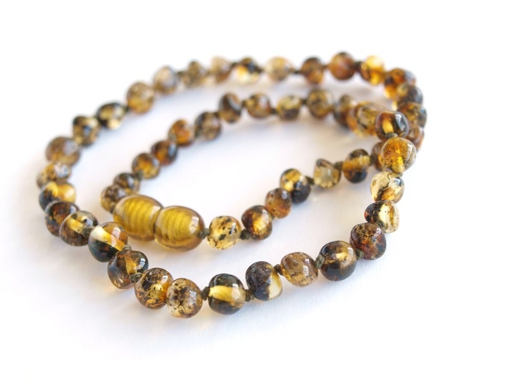 Baltic Amber Baby Teething Necklace. Olive color beads.