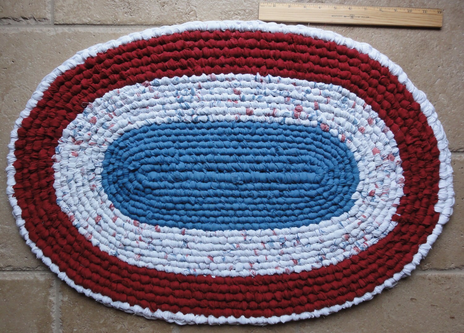 Handcrafted Blue/Wine/White Oval Rag Rug 3/4 thick