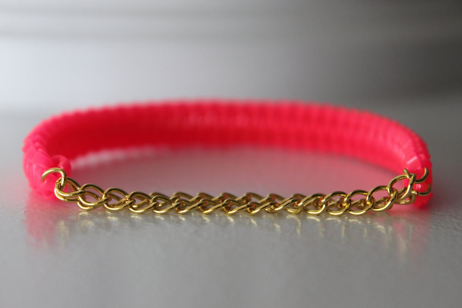 Neon Pink Friendship Bracelet with Gold by PunchBracelets2012