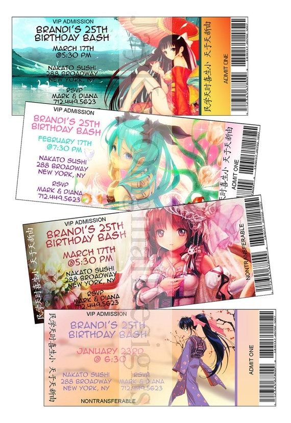 Personalized Japanese anime theme ticket style birthday