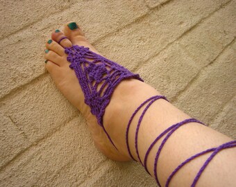 Purple Barefoot Sandals 'Flower Power' One of a Kind Freeform Crocheted Foot Thongs. Festival, Beach, Fun Decorative Boho Foot Accessories