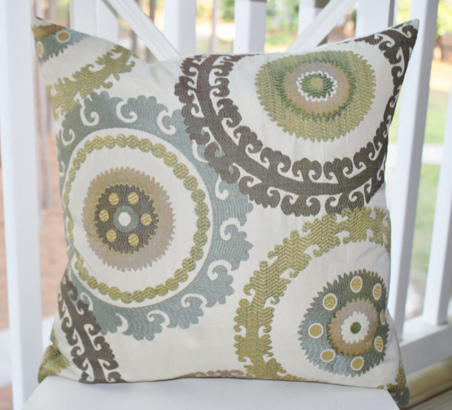 Decorative Pillow Cover 16 x 16 Suzani Blue Brown and Green