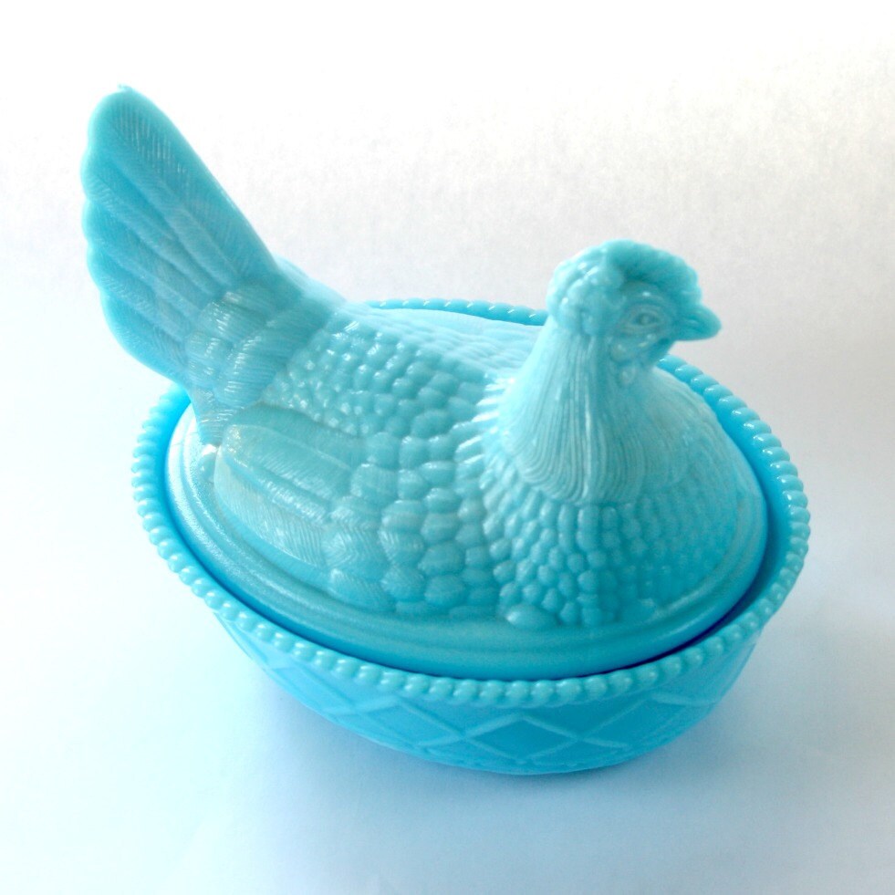 Blue Milk Glass Chicken Covered Dish Westmoreland Glass