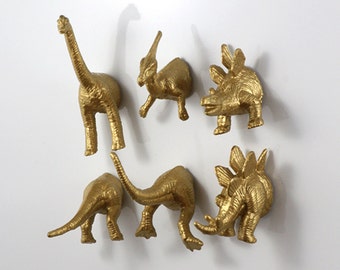 Dinosaur magnets // dino fridge magnets // gold dinosaur set // cool refrigerator magnets