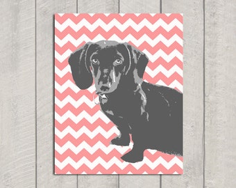 Dachshund Art Print - Modern Dog Art - Pink Chevron