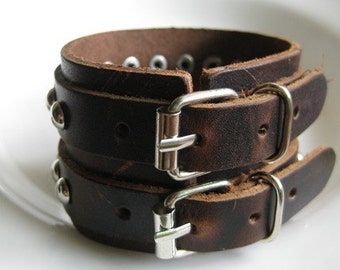 Antique Men's brown leather bracelet,silver round studs,double metal ...