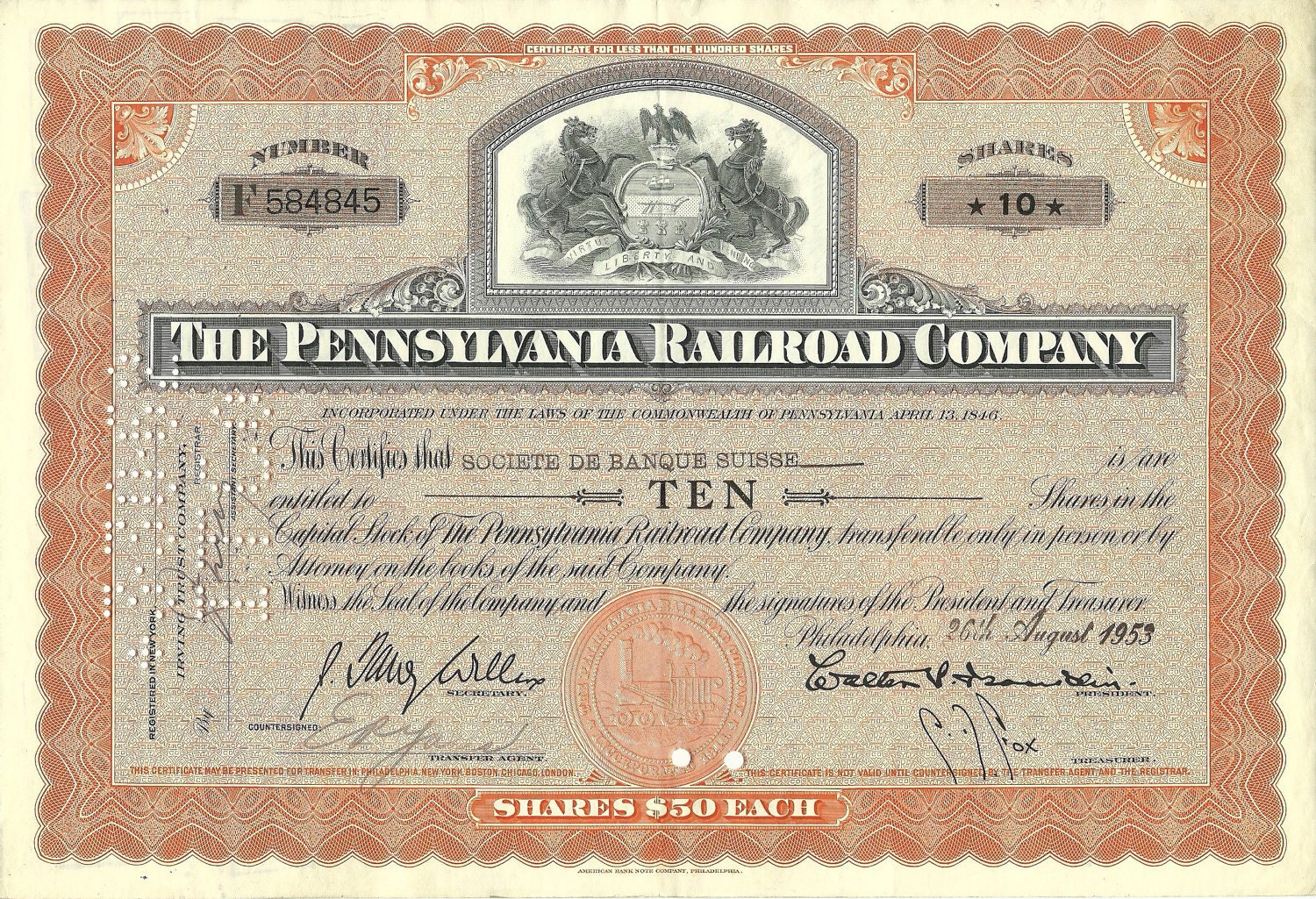 Stock Certificate The Pennsylvania Railroad Company Vintage