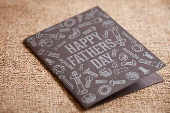 Happy Father's Day Card - nuts & bolts - Letterpress - brown w/ metallic ink