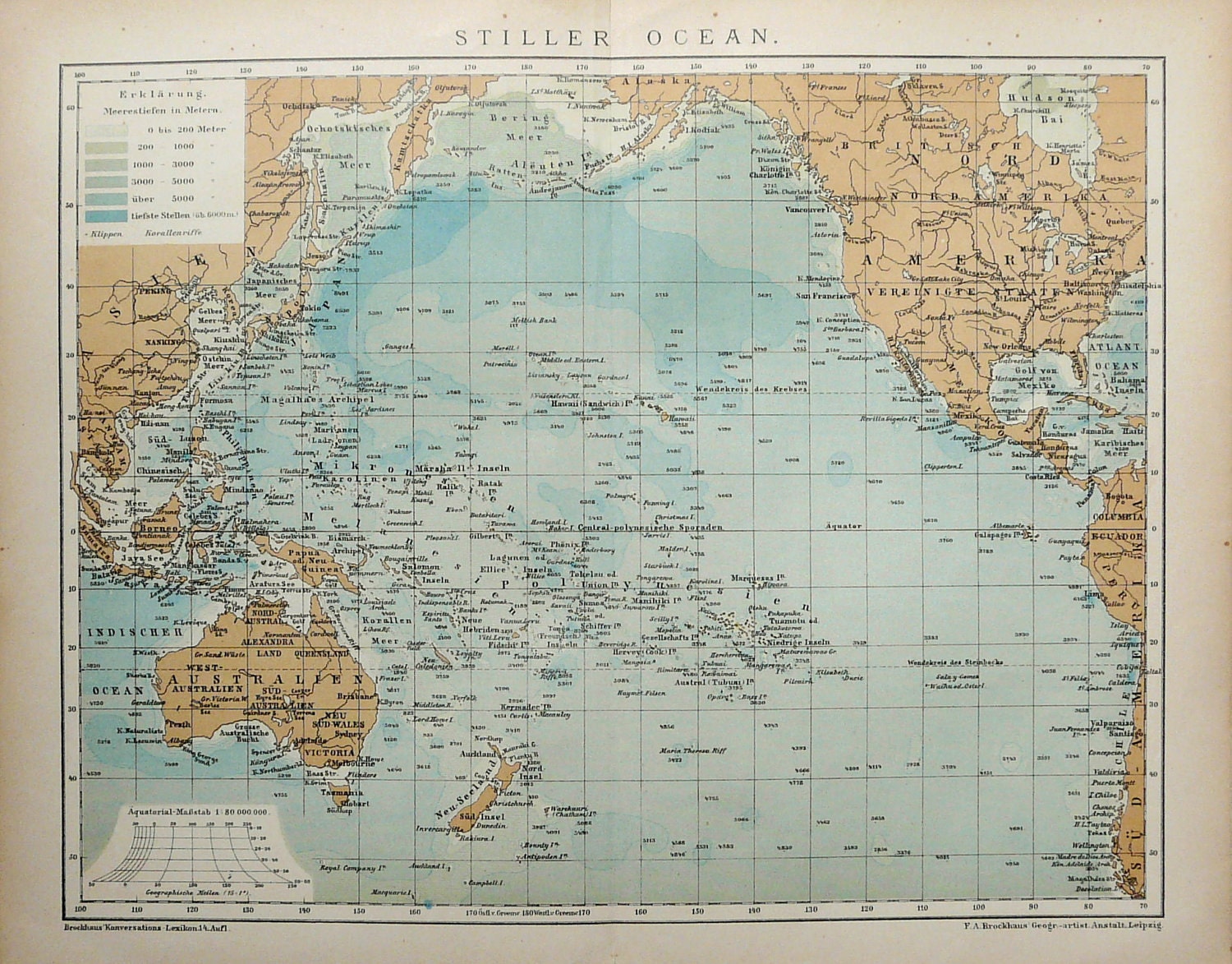 1893 Antique map of the PACIFIC OCEAN. OCEANIA. 124 years old