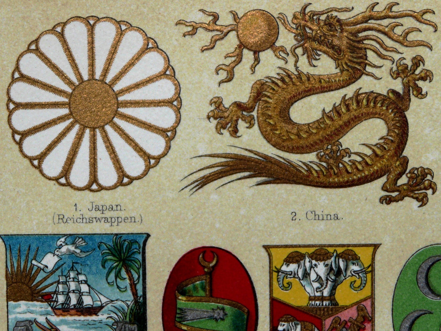 1898 Antique print of ESCUTCHEON or HERALDIC SHIELDS of Asian